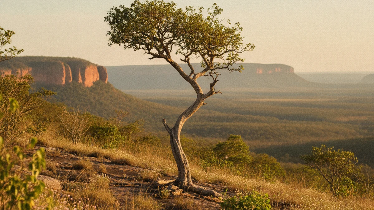 Árvore de tronco curvo cresce no Cerrado diante das formações da Chapada dos Guimarães ao entardecer