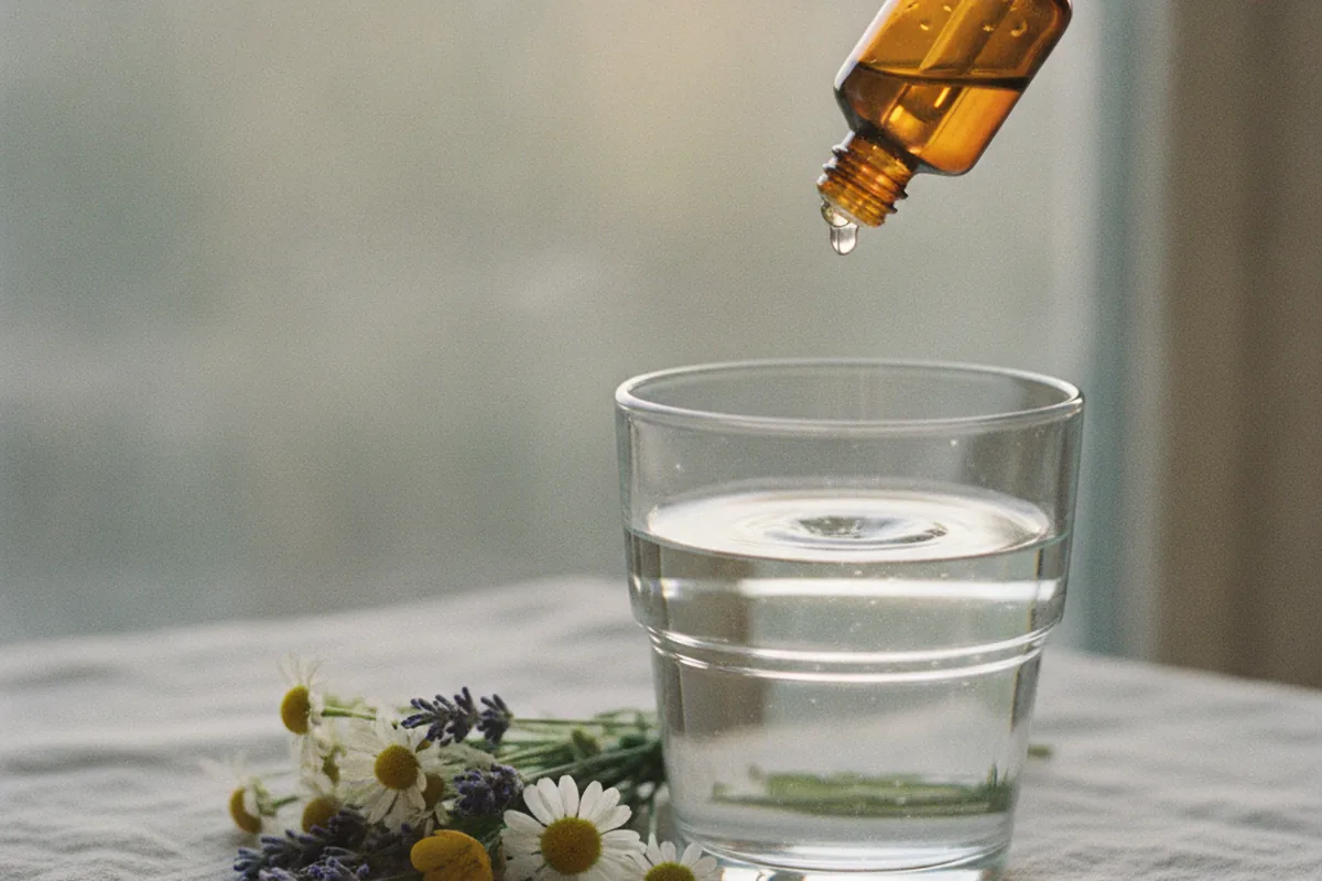 Conta-gotas de essencia floral ambar sobre um copo de agua com flores ao lado