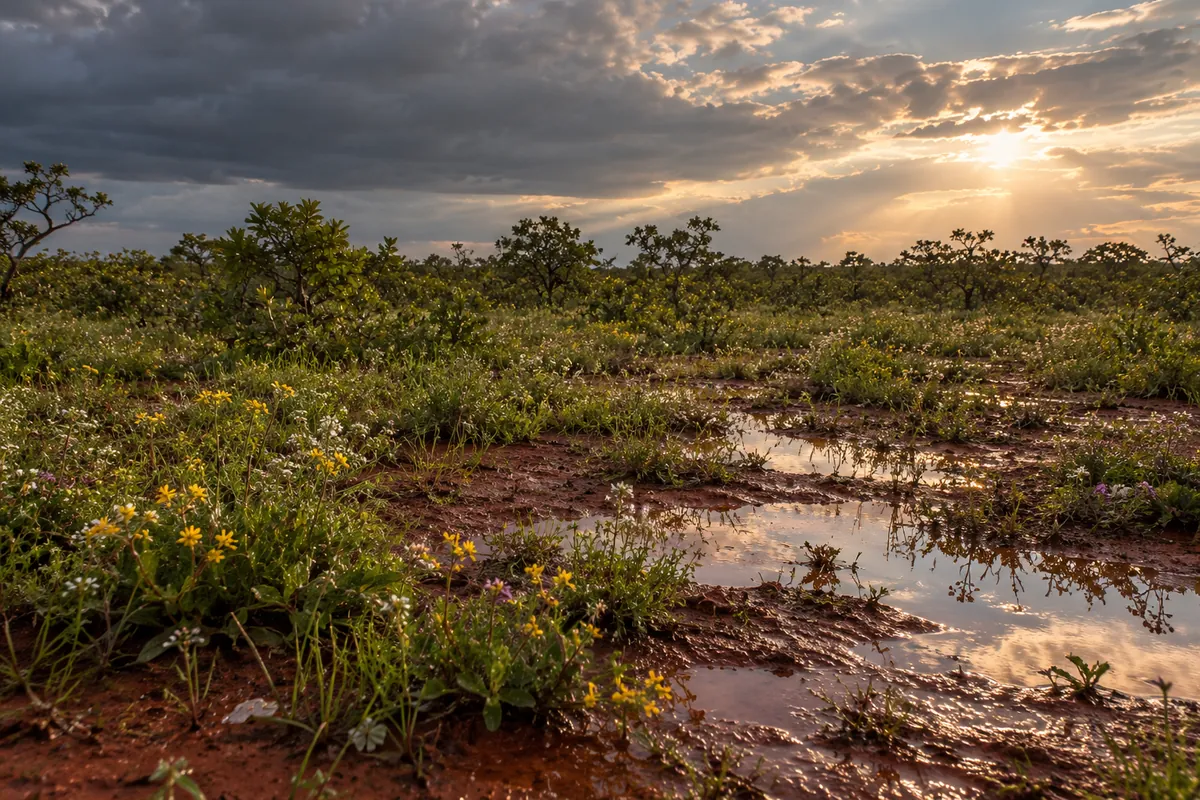 A primeira chuva voltando a Chapada, flores molhadas e terra vermelha