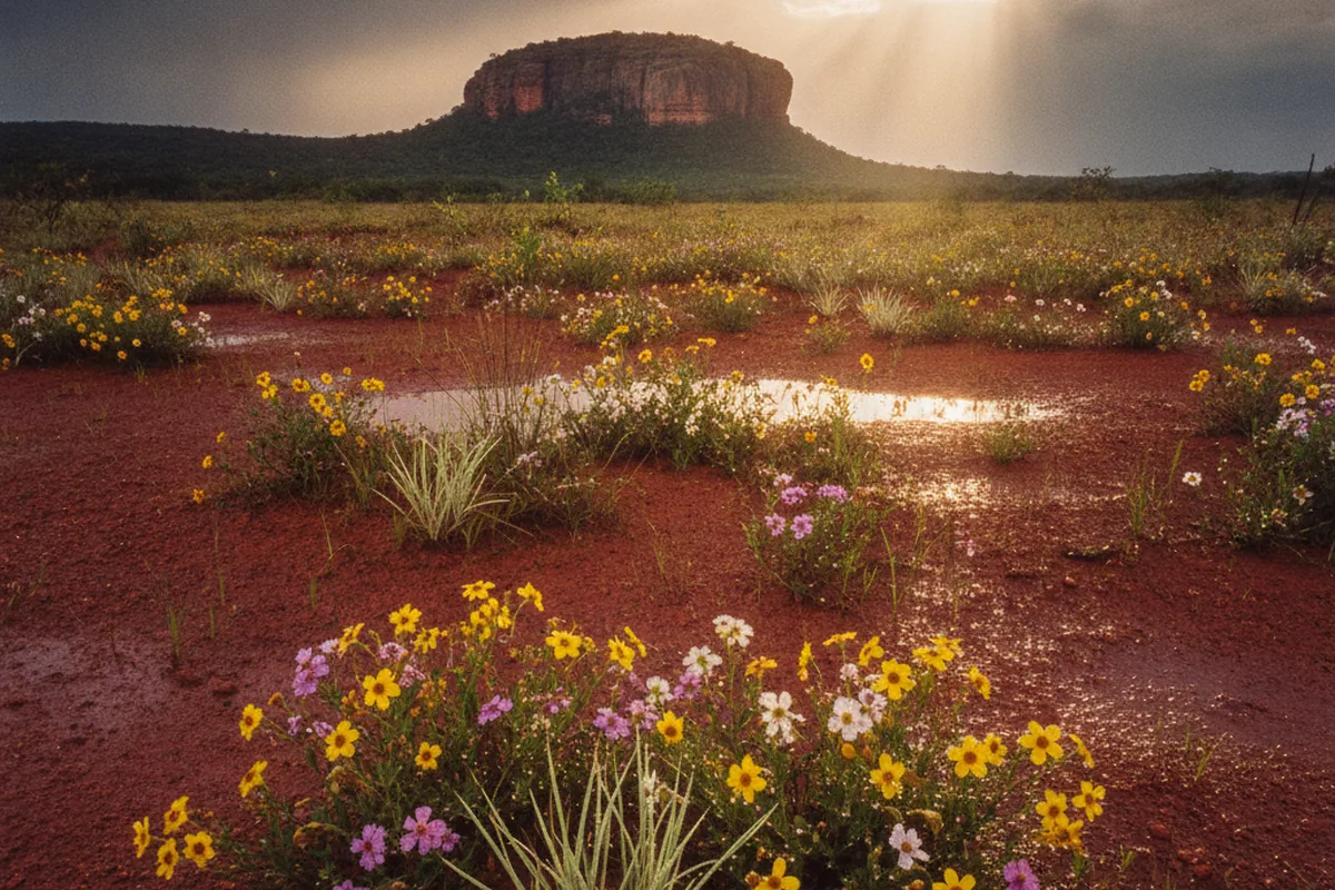 A primeira chuva voltando a Chapada, flores molhadas e terra vermelha