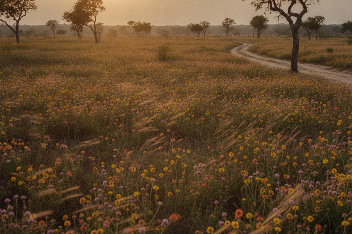 Cena tranquila do Cerrado com flores ao vento, sensacao de pausa